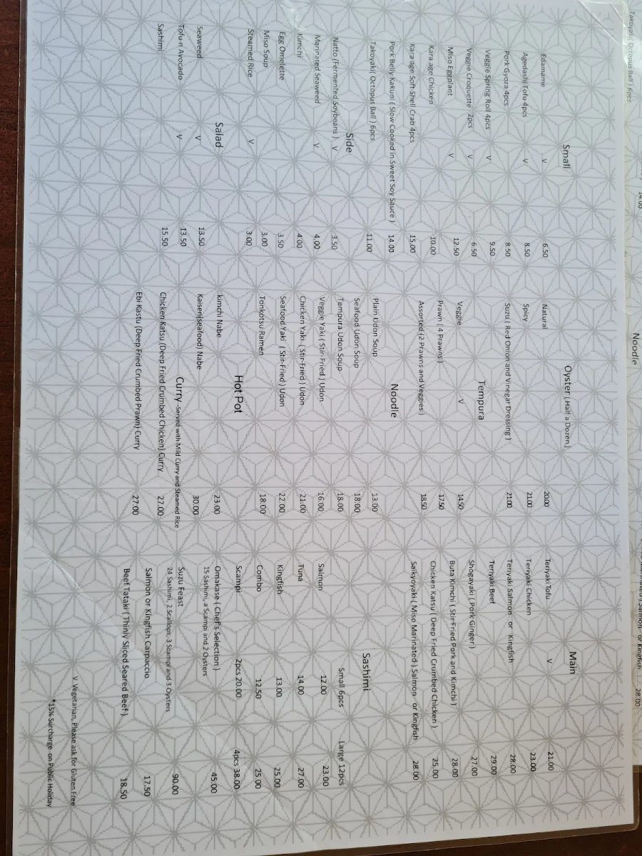 Menu, Suzu Japanese restaurant