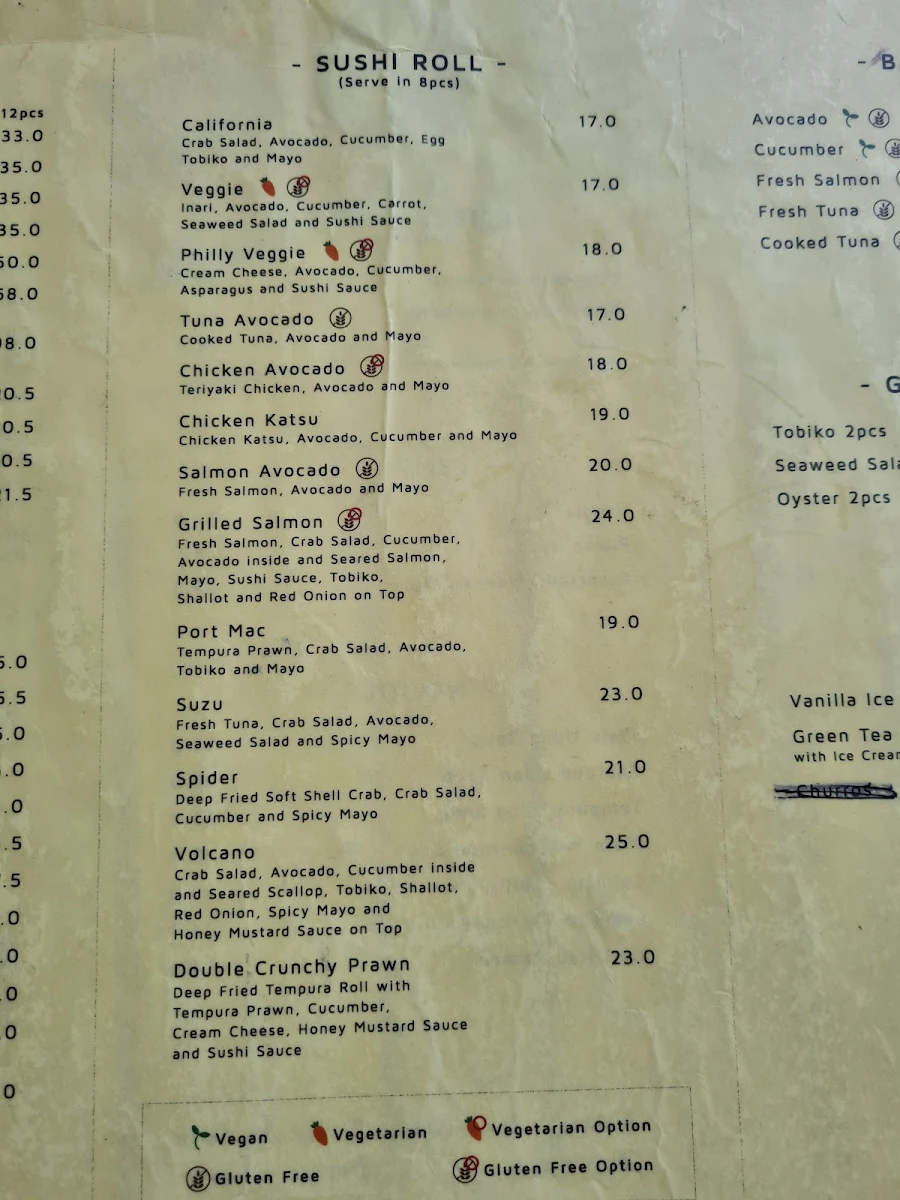 Menu, Suzu Japanese restaurant