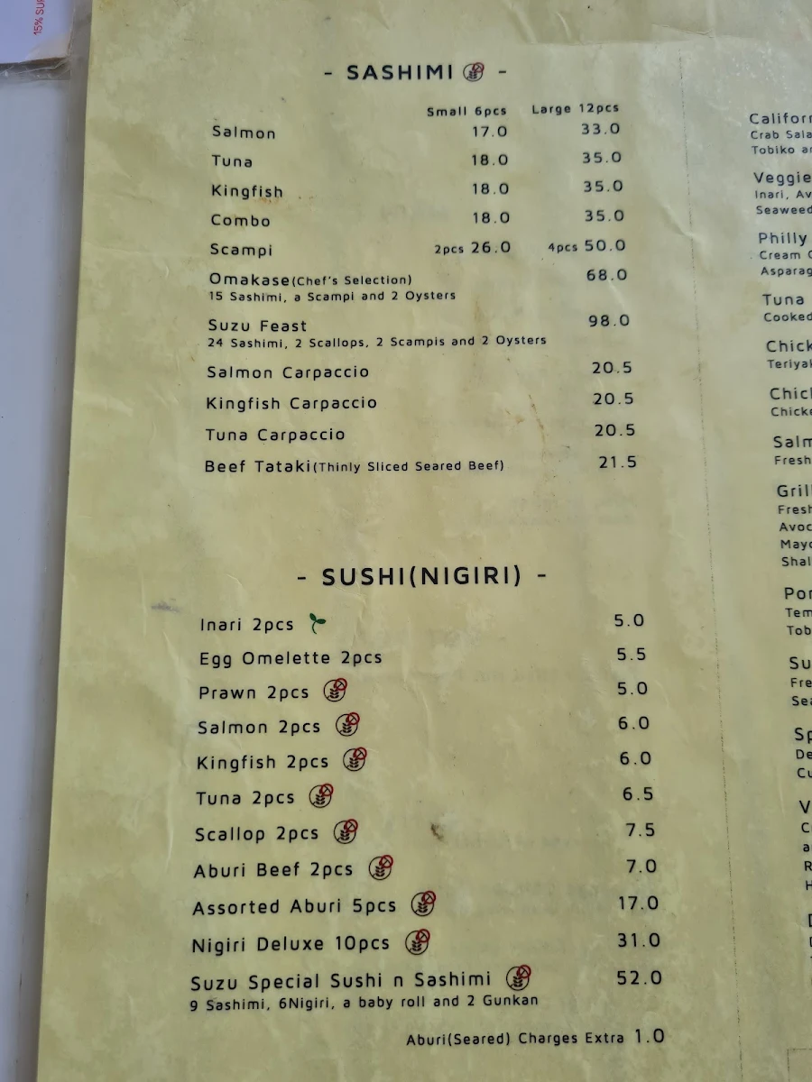 Menu, Suzu Japanese restaurant