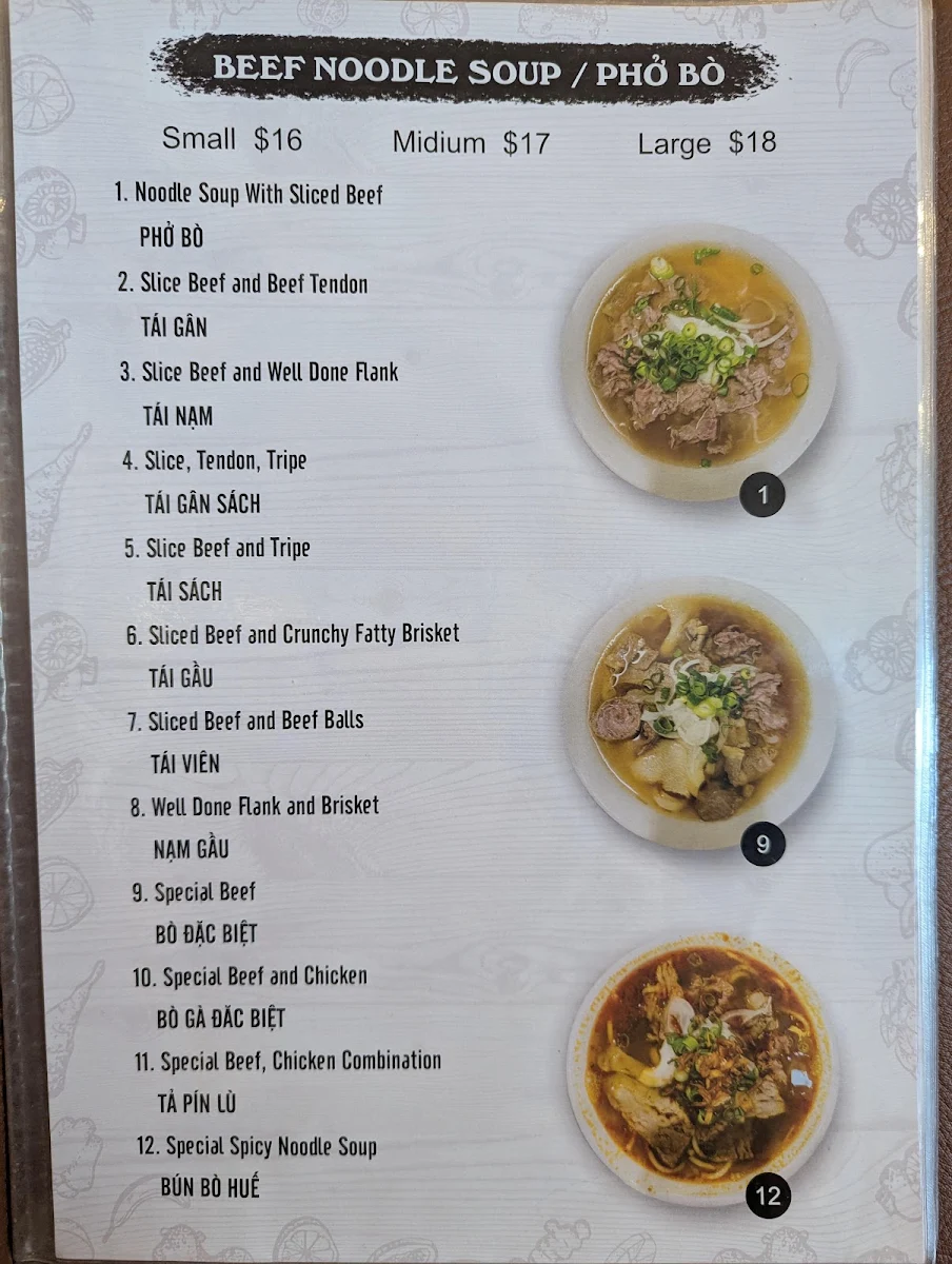 Menu, Saigon One