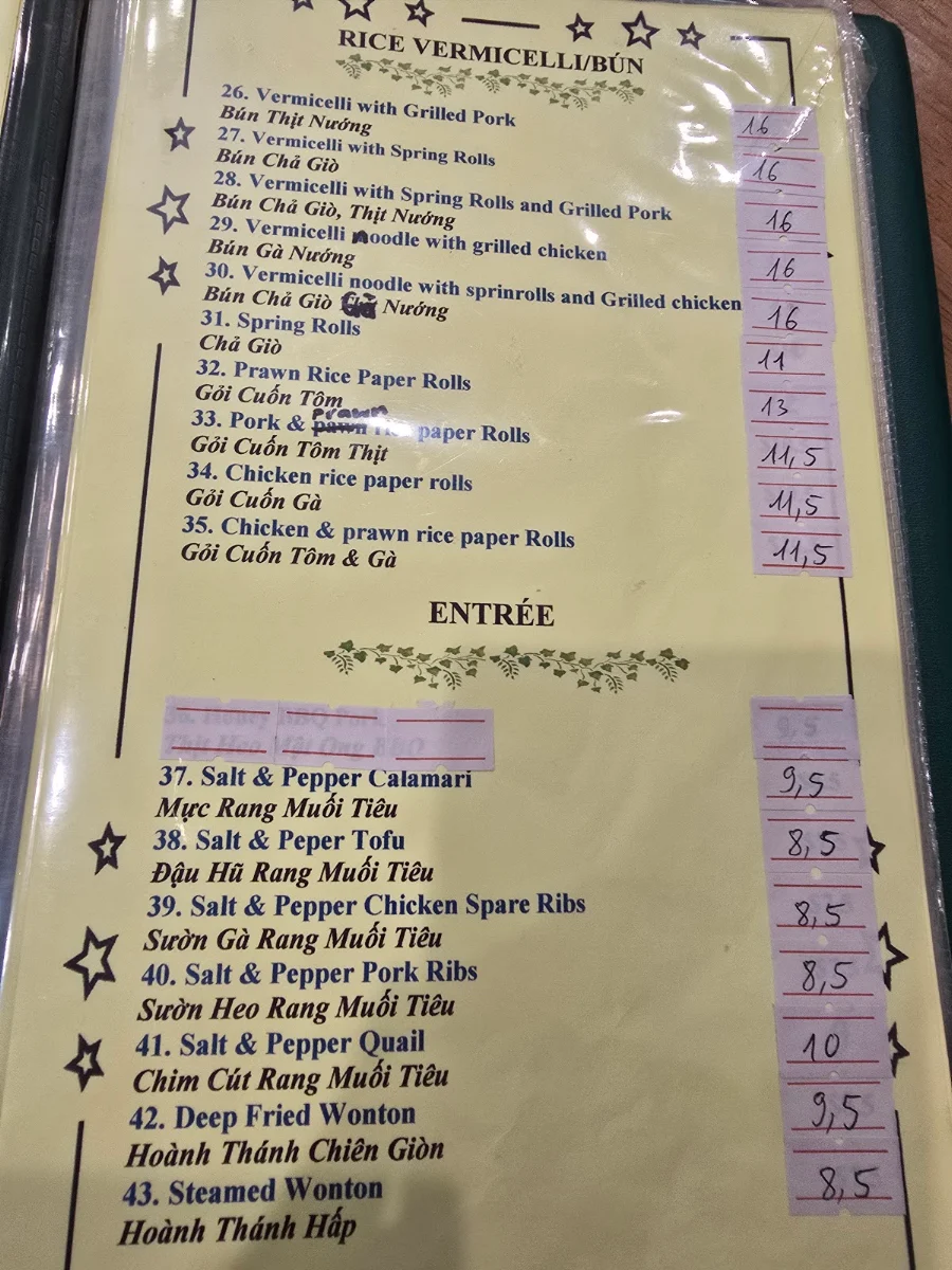 Menu, Saigon One