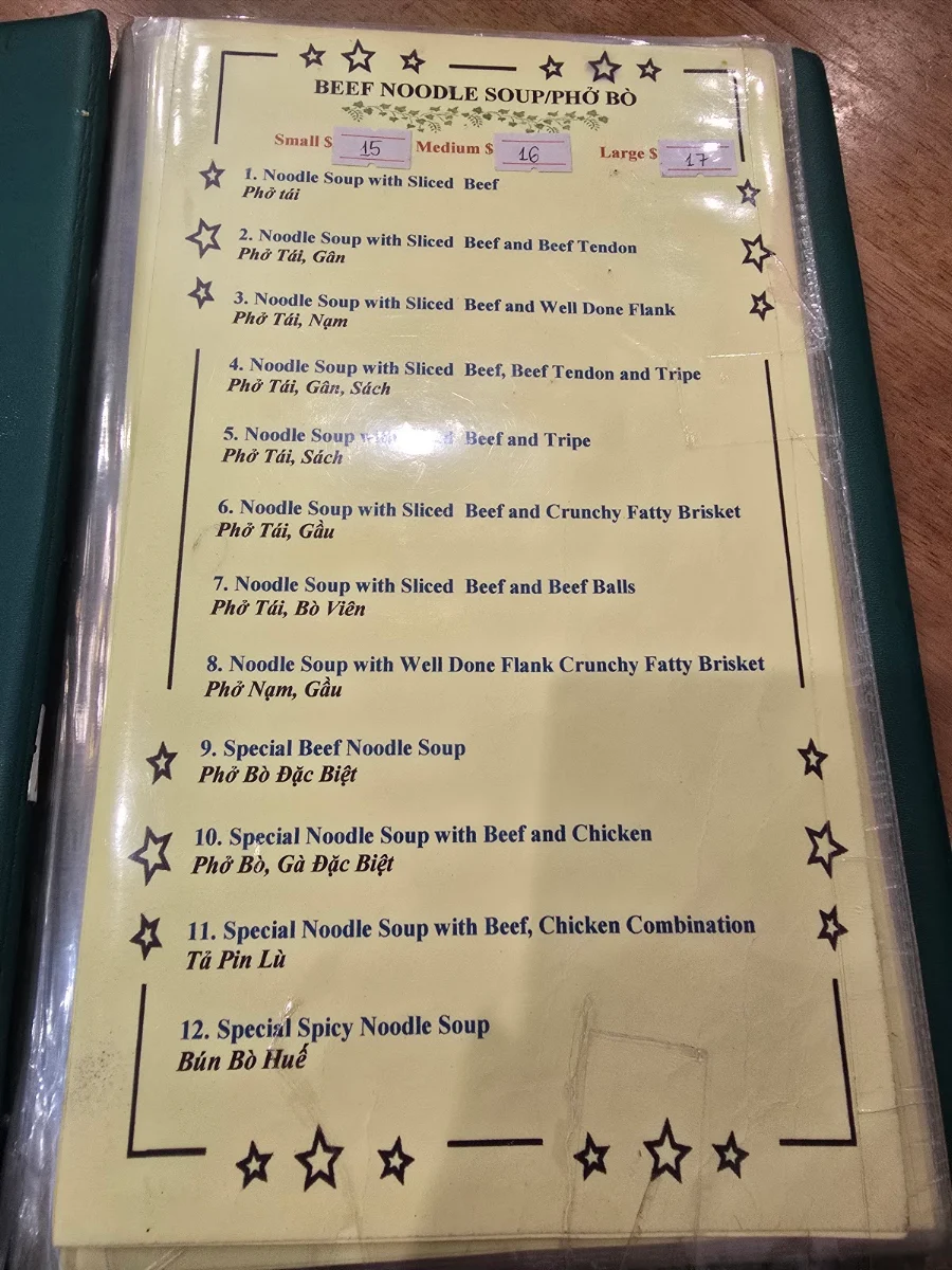 Menu, Saigon One