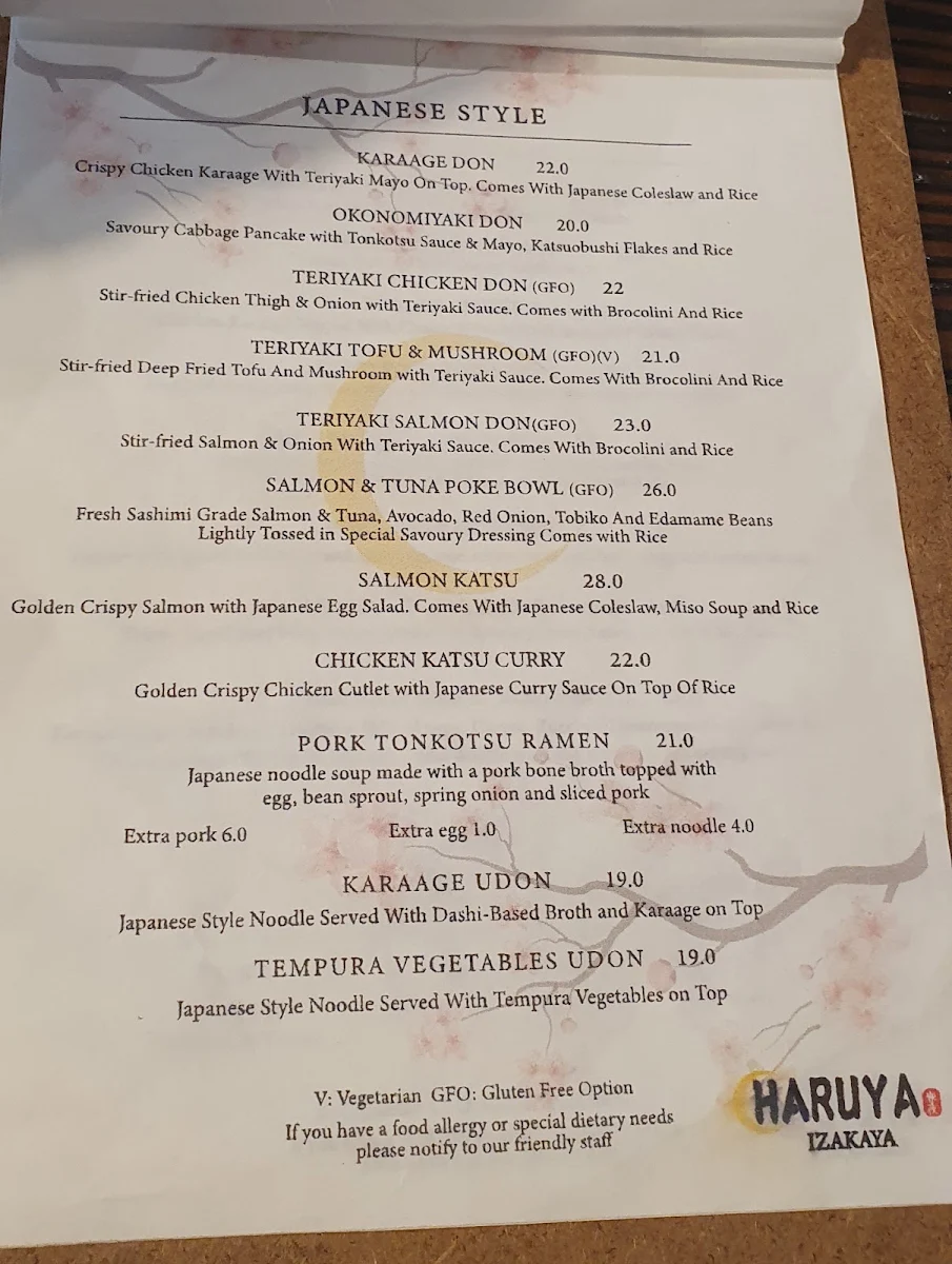 Menu, Haruya Izakaya