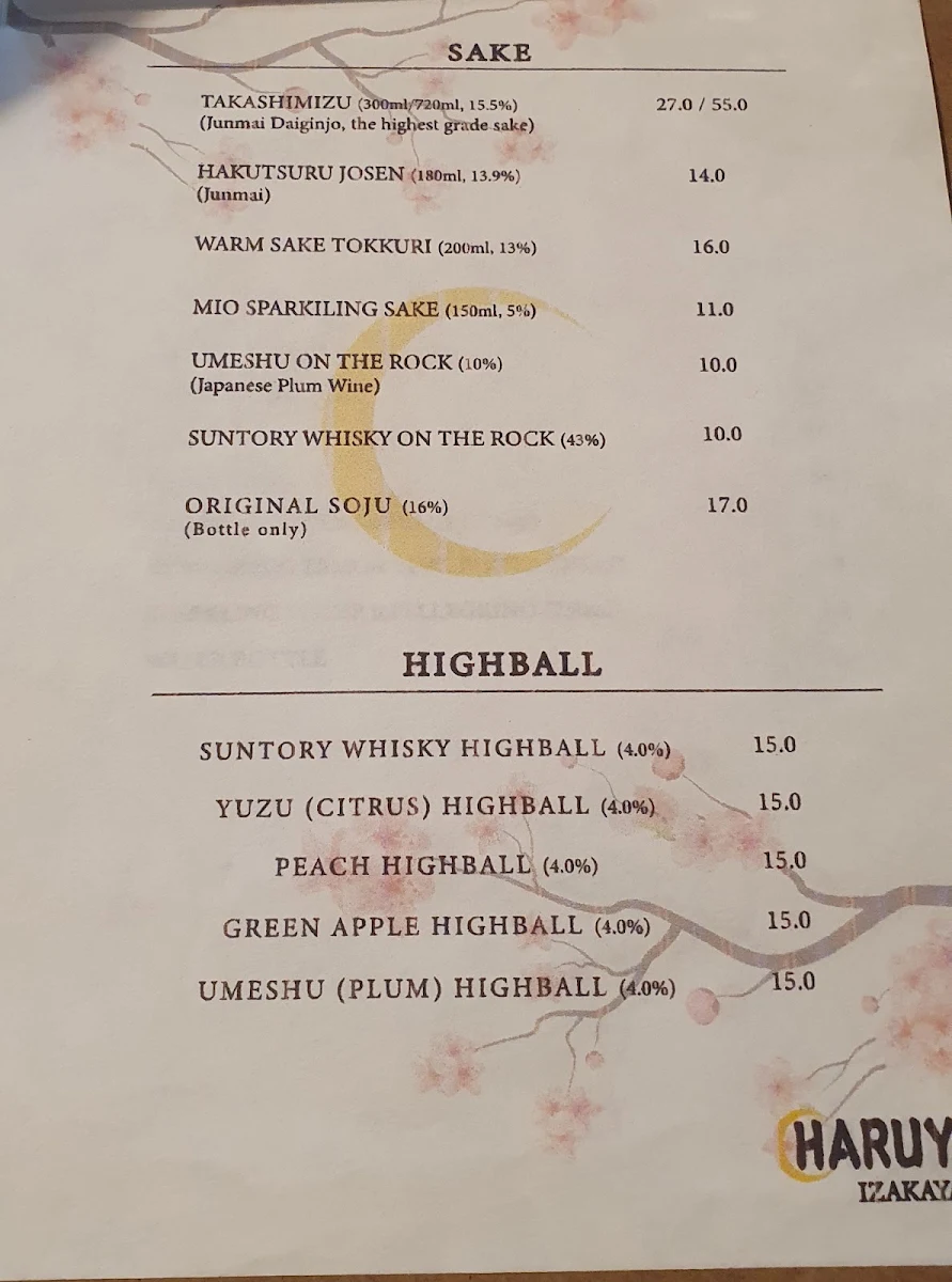 Menu, Haruya Izakaya