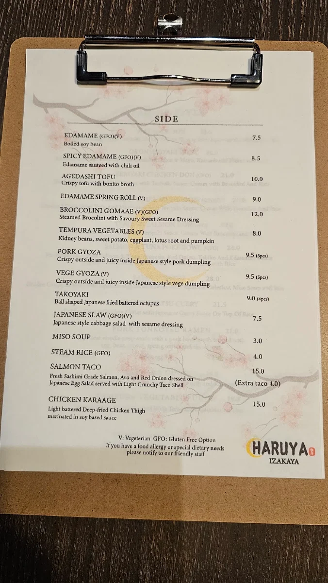 Menu, Haruya Izakaya