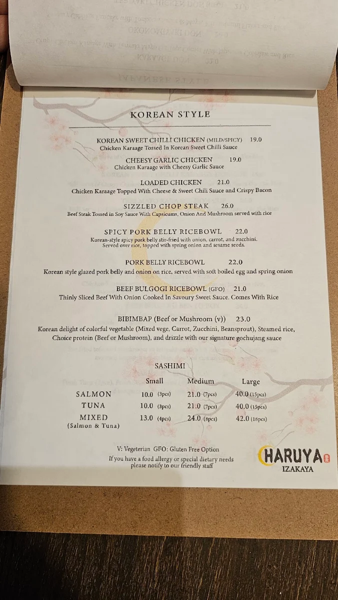 Menu, Haruya Izakaya