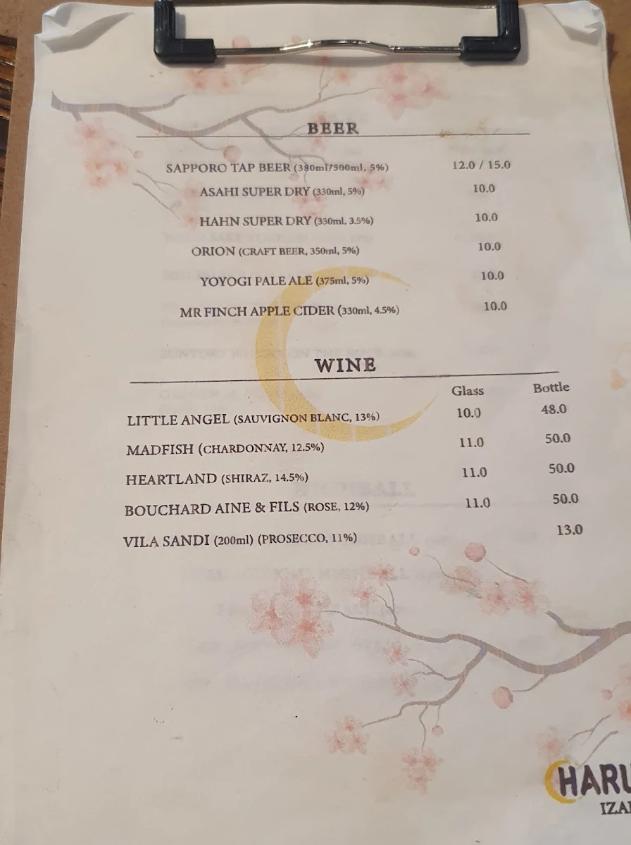 Menu, Haruya Izakaya