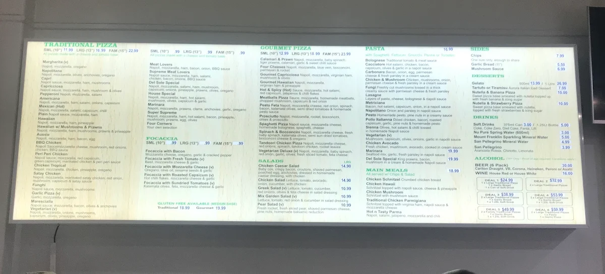 Menu, PIZZA DEL SOLE (Everyone's favourite from 12years)