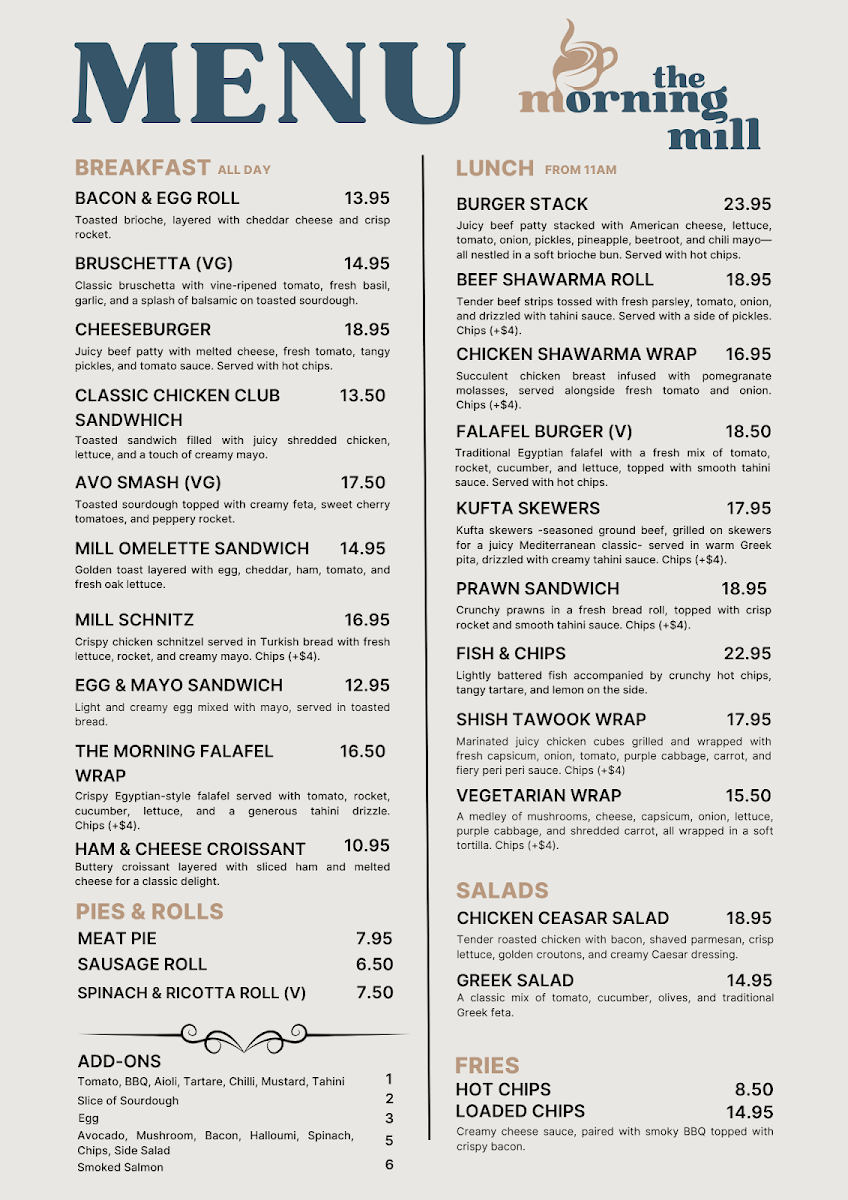 Menu, The Morning Mill
