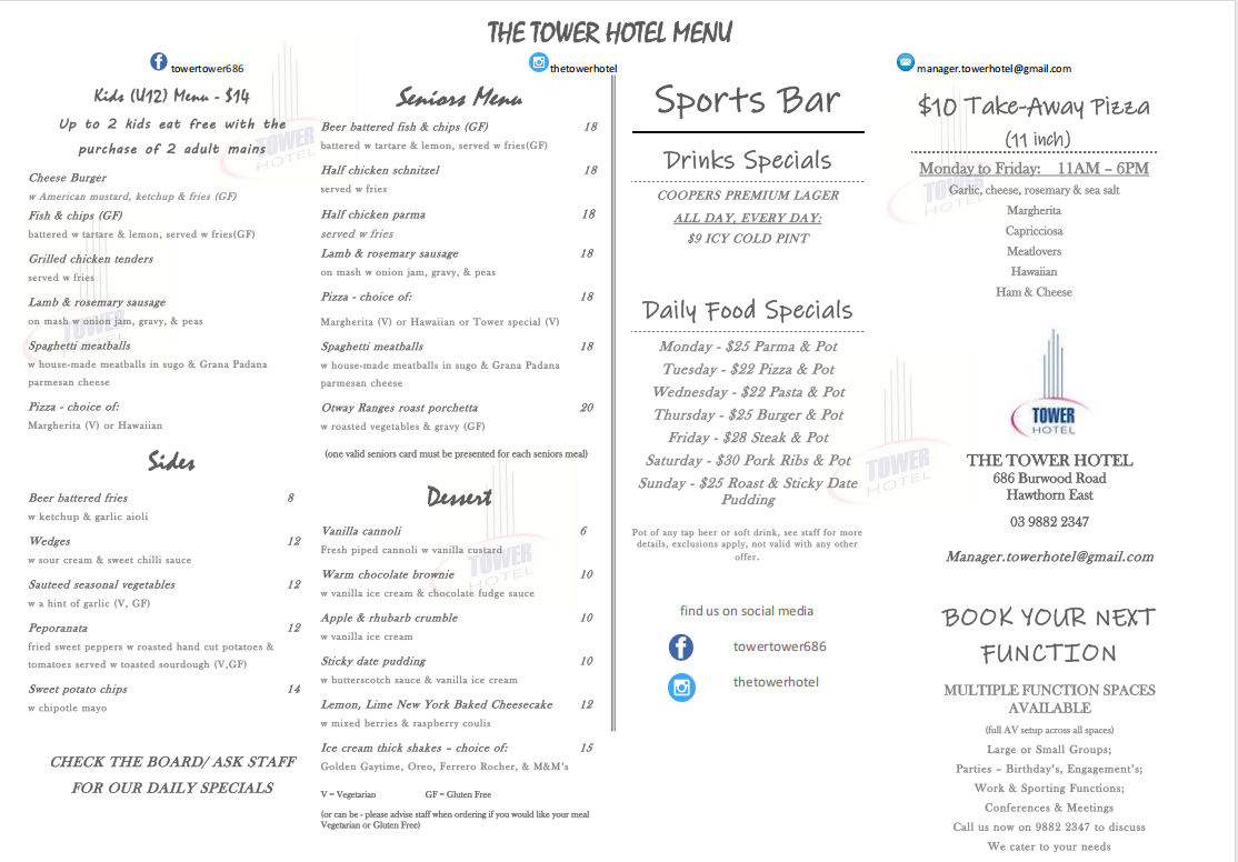 Menu, Tower Hotel, Hawthorn East