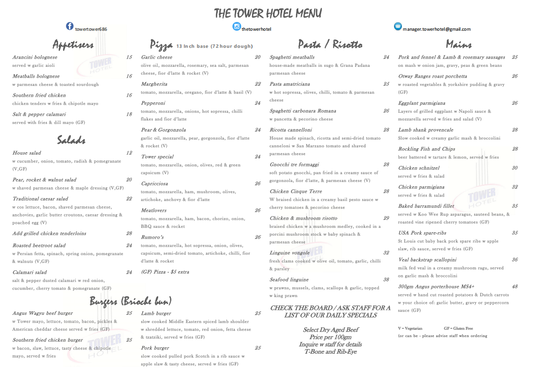 Menu, Tower Hotel, Hawthorn East