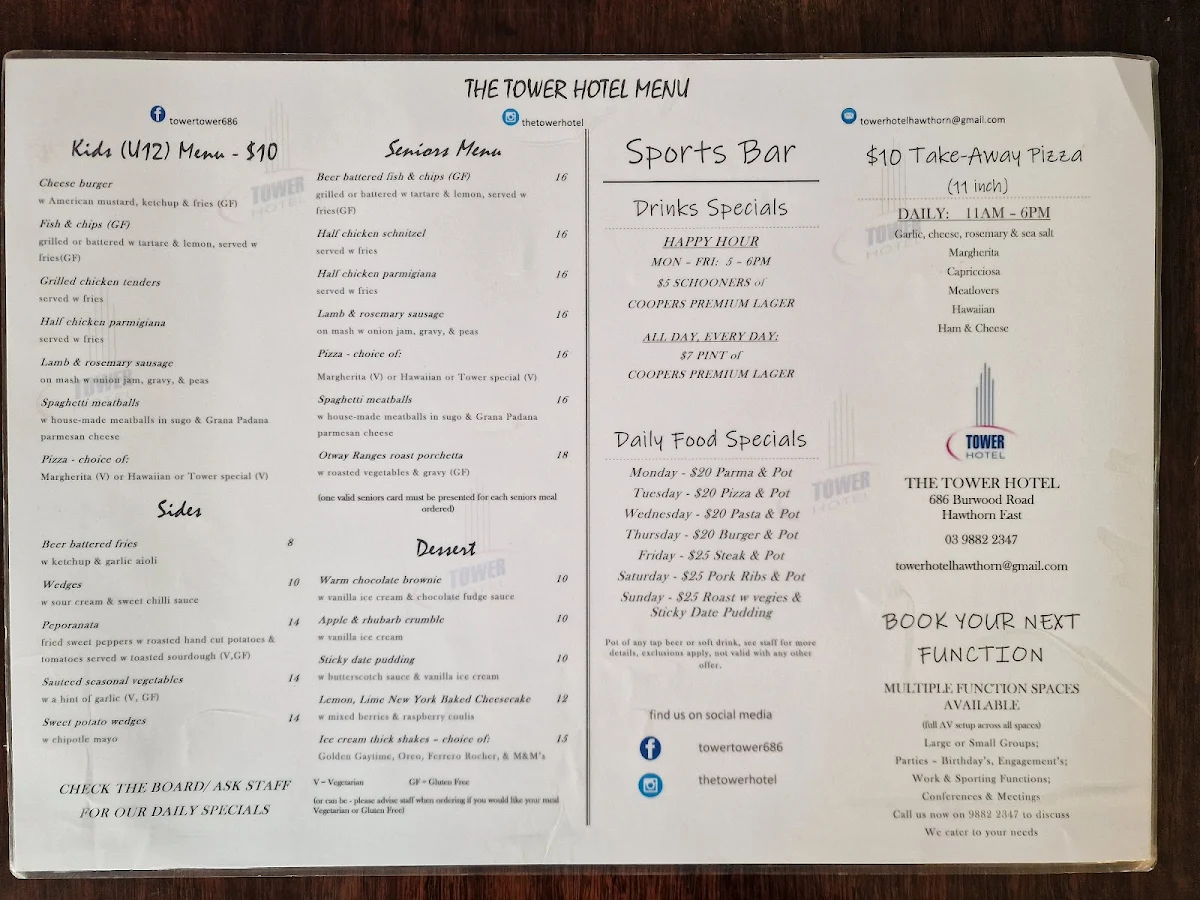 Menu, Tower Hotel, Hawthorn East