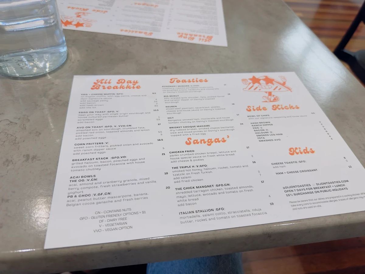 Menu, Dijon Toasties & Coffee
