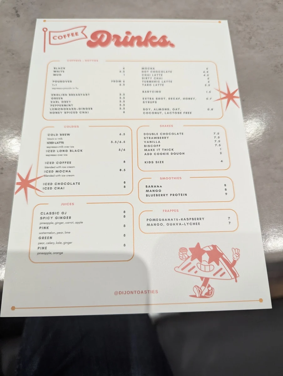 Menu, Dijon Toasties & Coffee