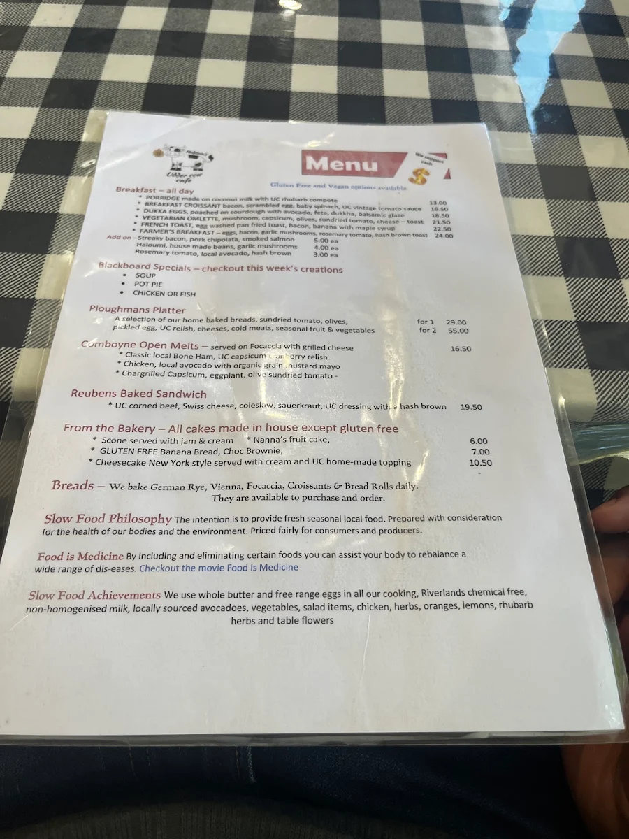 Menu, The Udder Cow Cafe Comboyne