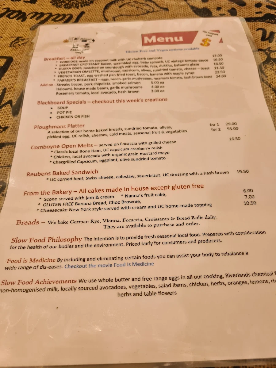 Menu, The Udder Cow Cafe Comboyne
