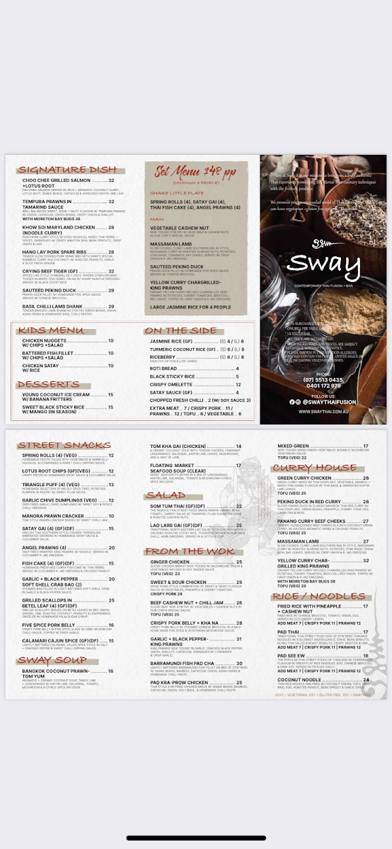 Menu, Sway Thai Fusion & Bar