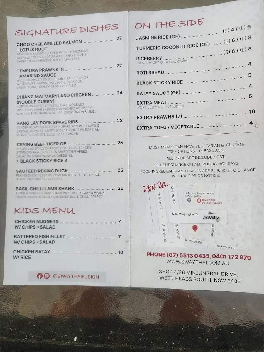 Menu, Sway Thai Fusion & Bar
