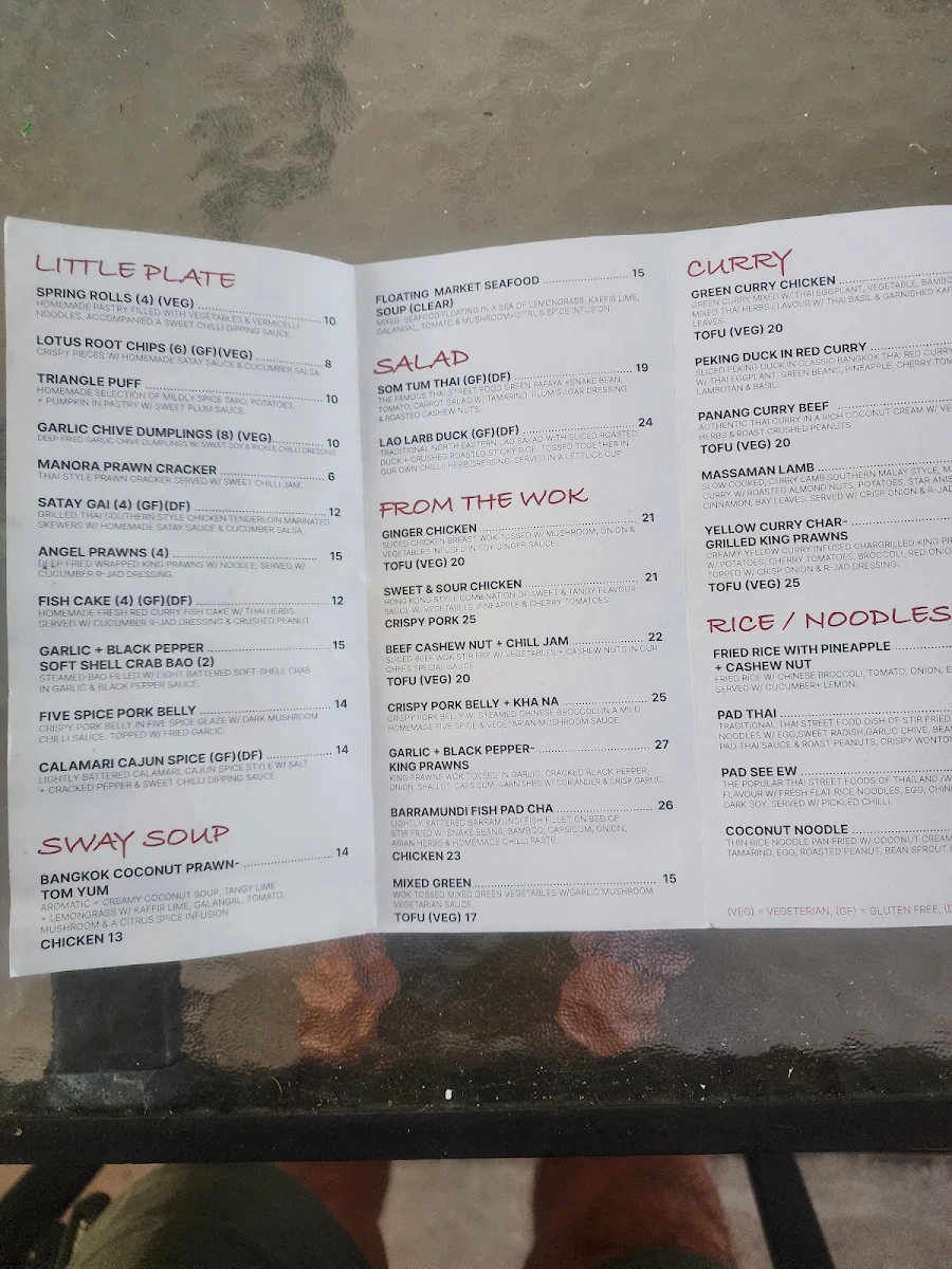 Menu, Sway Thai Fusion & Bar