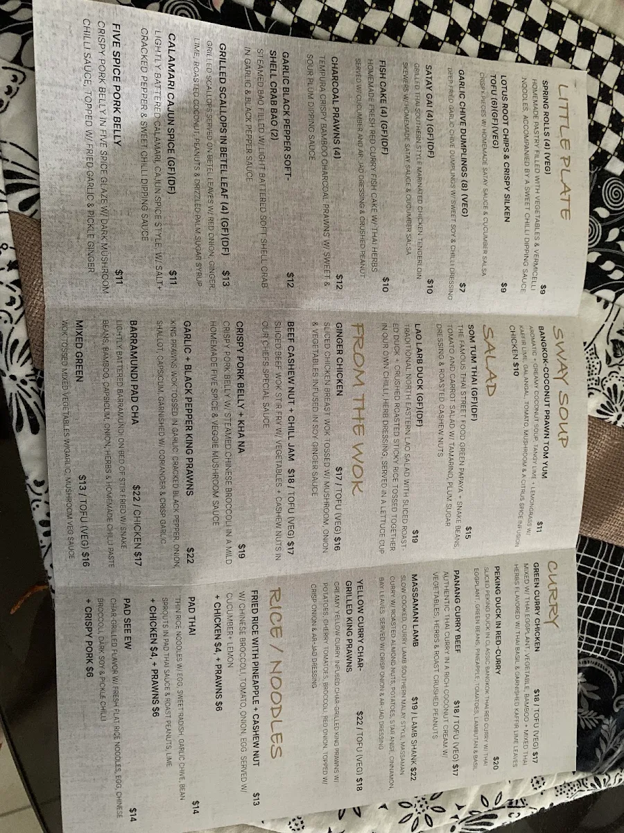Menu, Sway Thai Fusion & Bar