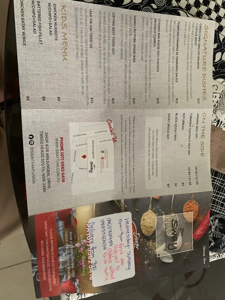 Menu, Sway Thai Fusion & Bar