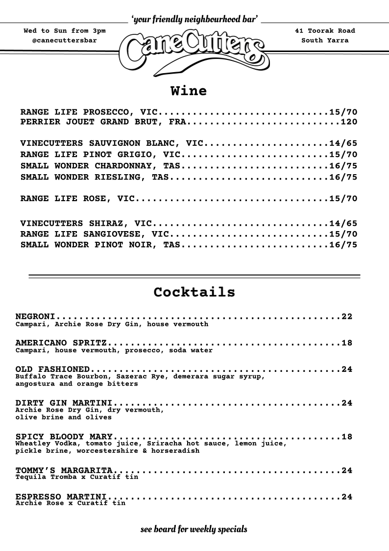 Menu, Canecutters Bar