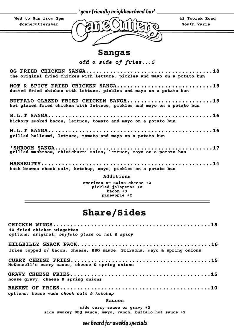 Menu, Canecutters Bar