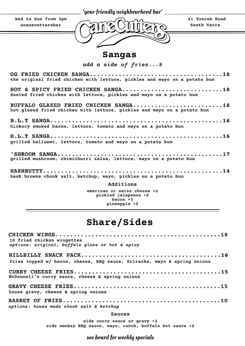 Menu, Canecutters Bar