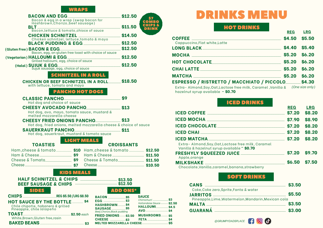 Menu, Grumpy Dads Place