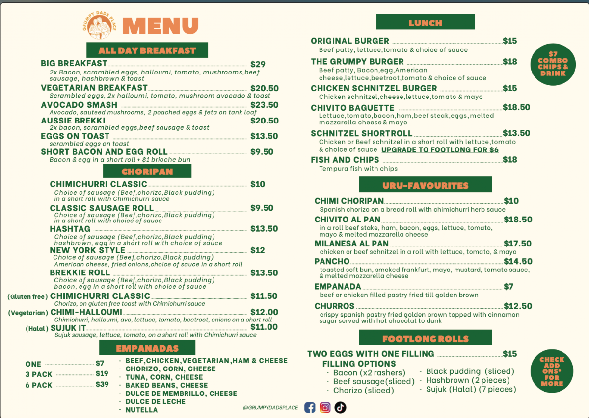 Menu, Grumpy Dads Place