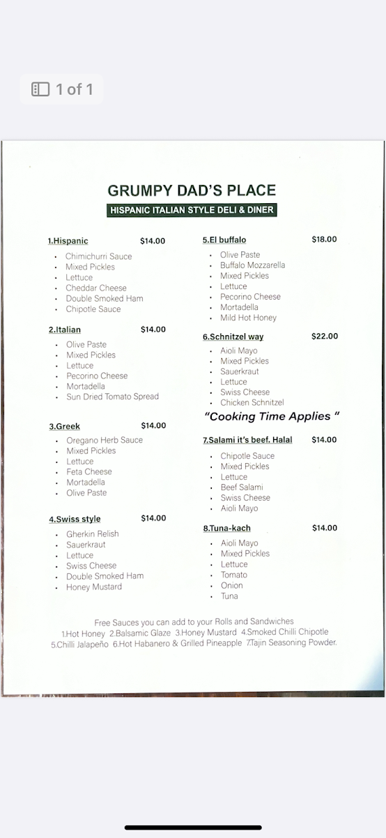 Menu, Grumpy Dads Place