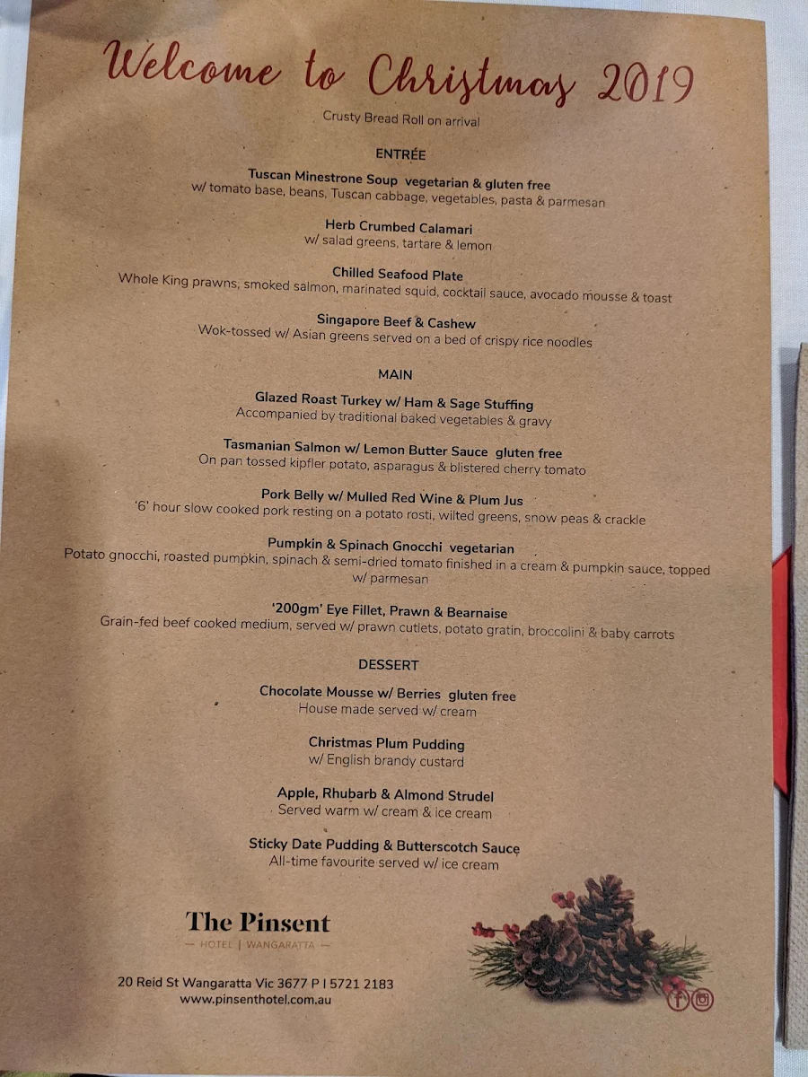 Menu, Pinsent Hotel