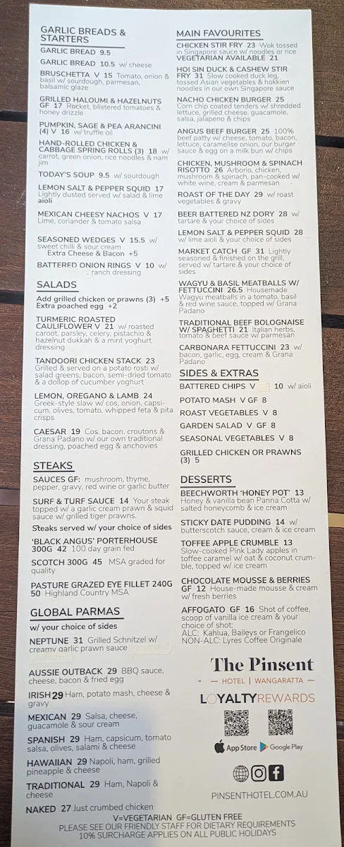 Menu, Pinsent Hotel
