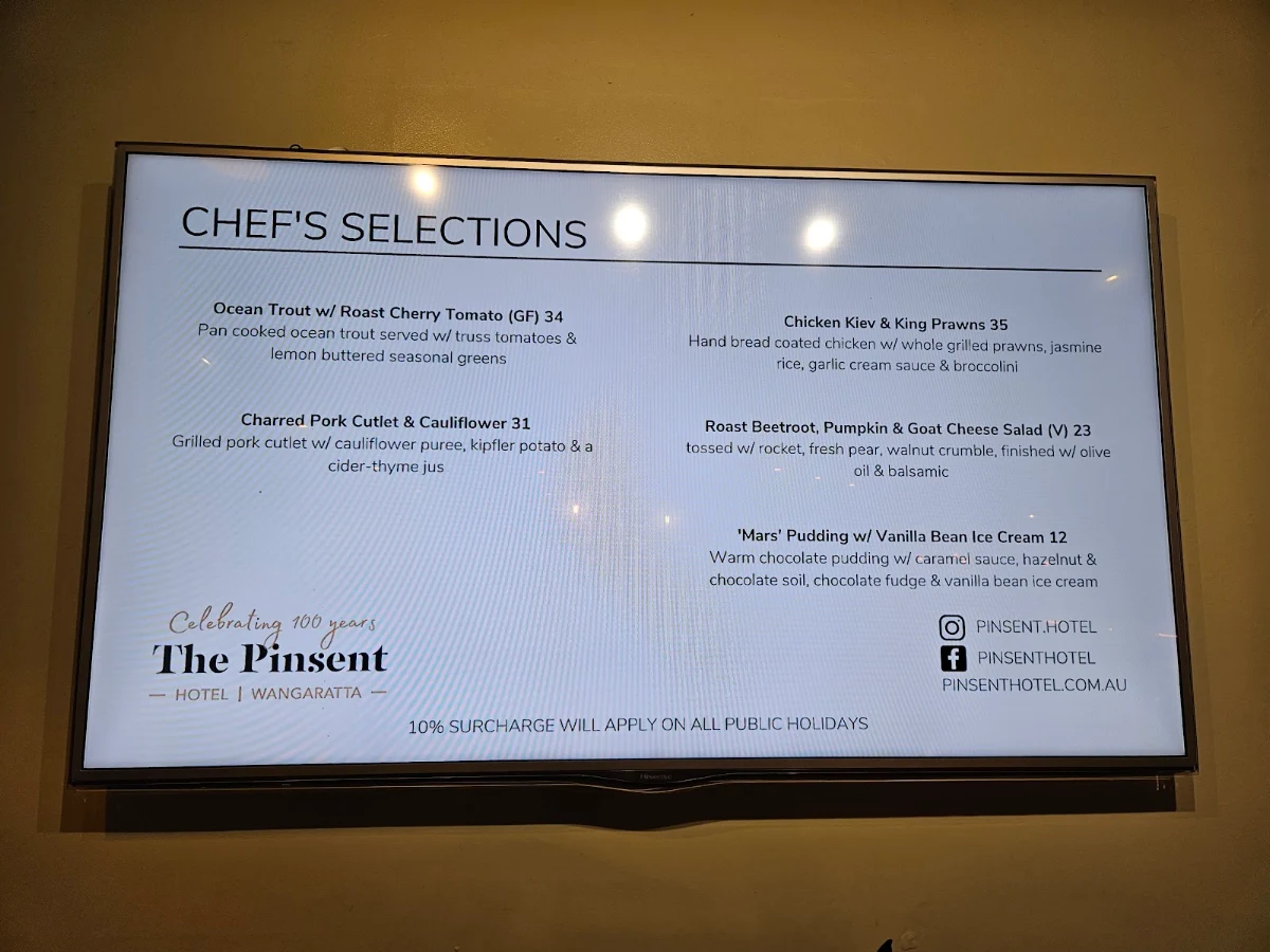 Menu, Pinsent Hotel