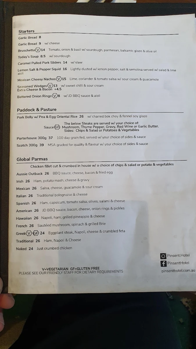 Menu, Pinsent Hotel