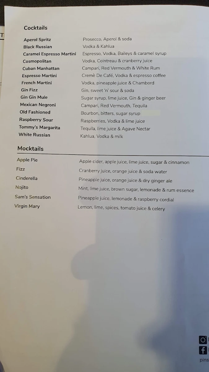 Menu, Pinsent Hotel