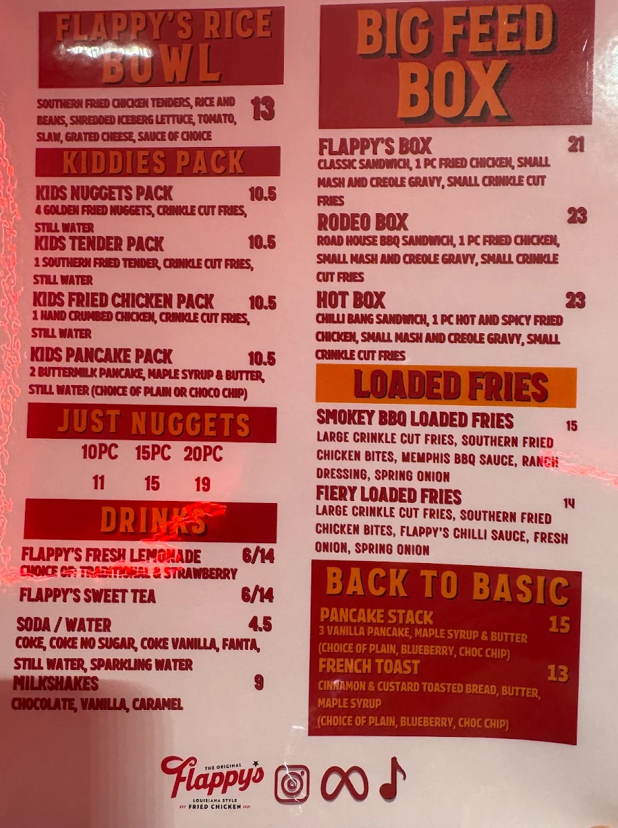 Menu, Flappy's Fried Chicken Castle Hill