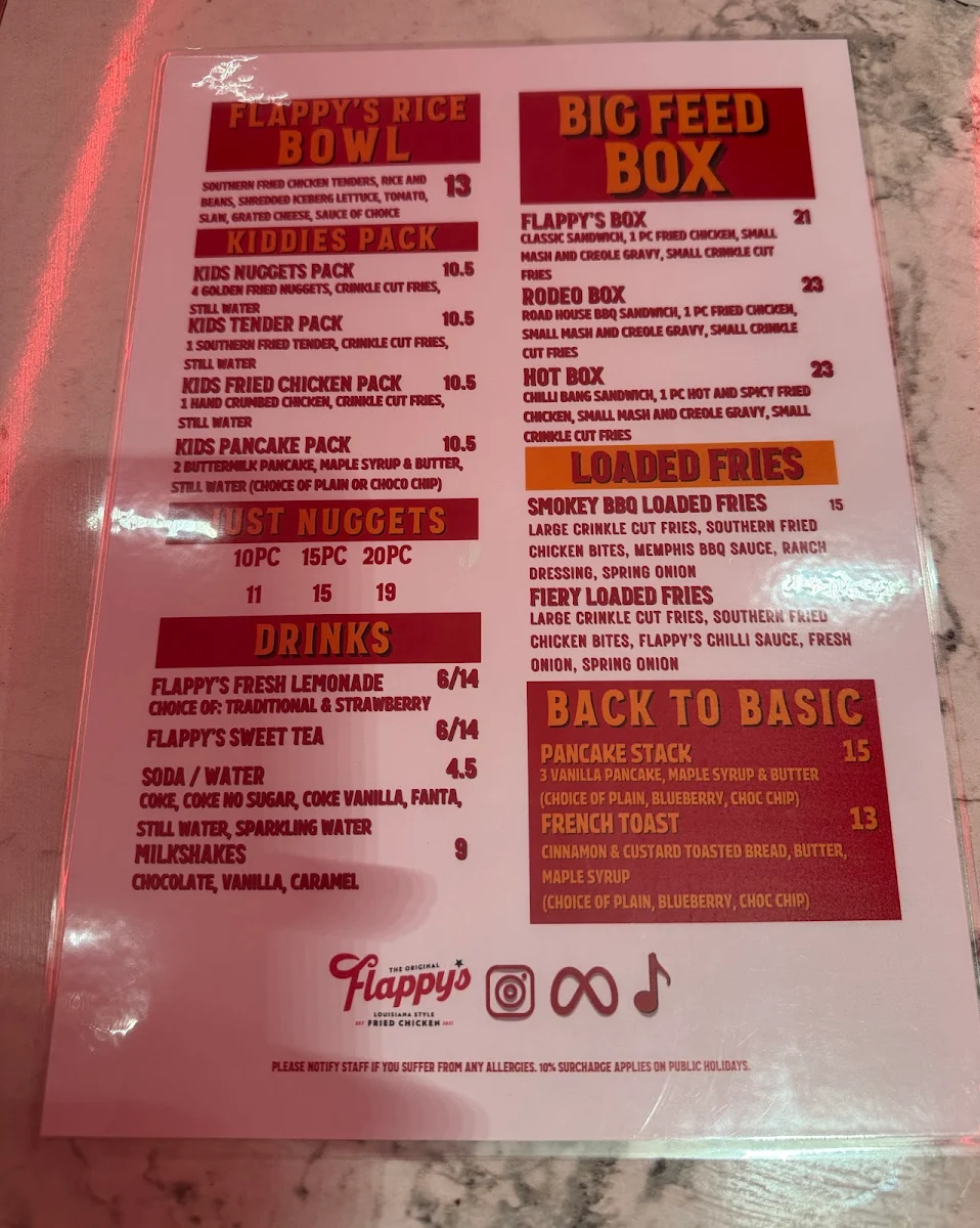 Menu, Flappy's Fried Chicken Castle Hill