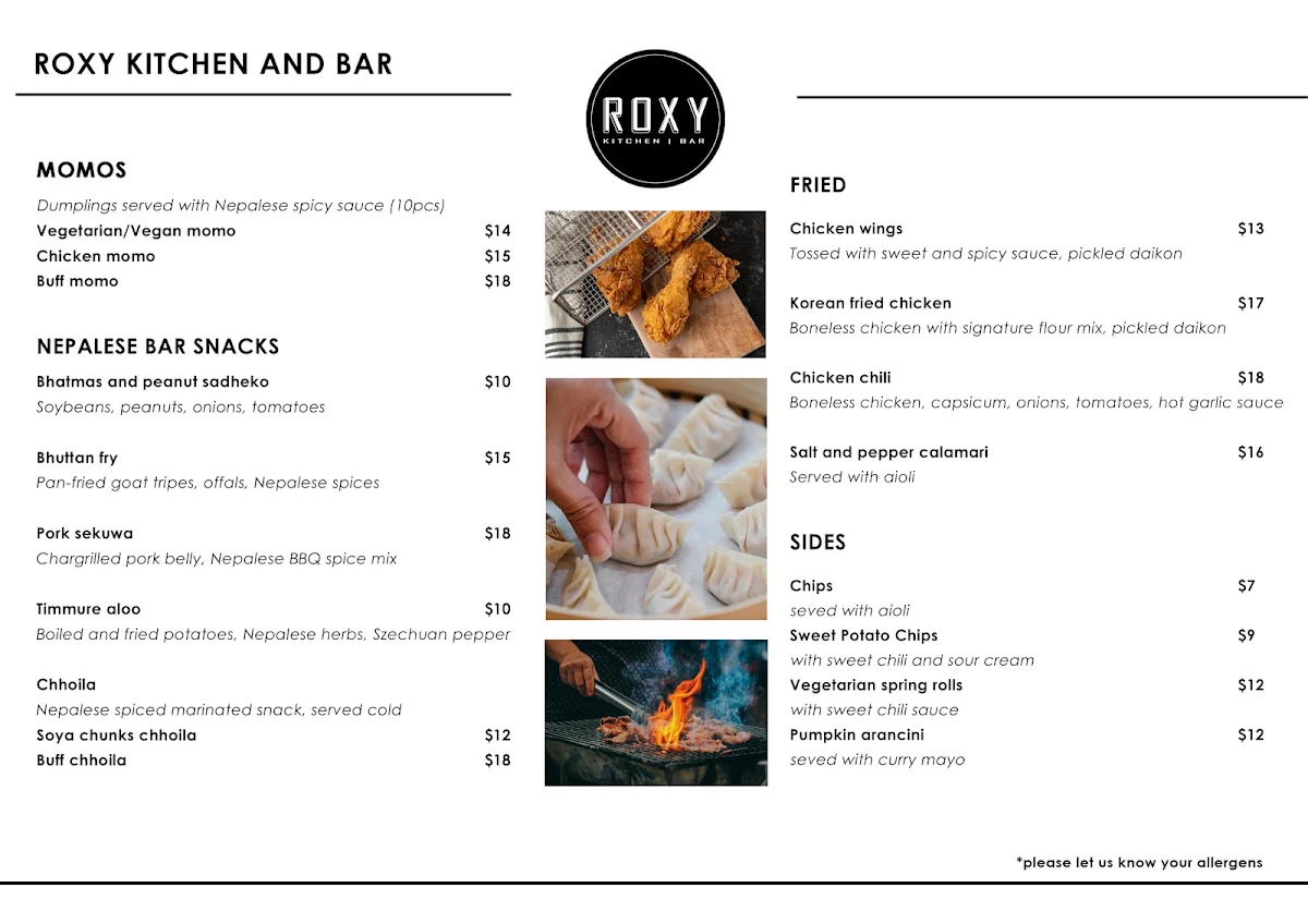 Menu, Roxy Kitchen and Bar