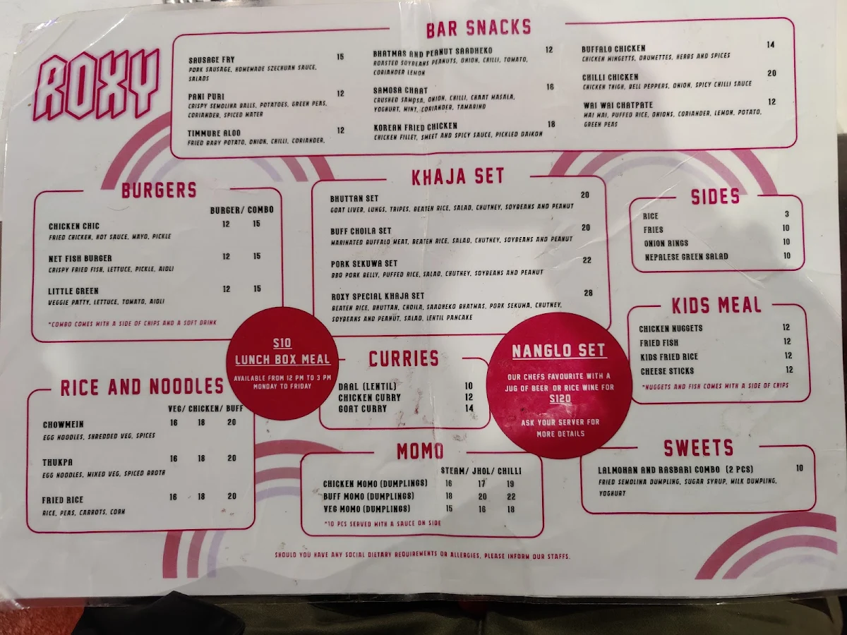 Menu, Roxy Kitchen and Bar