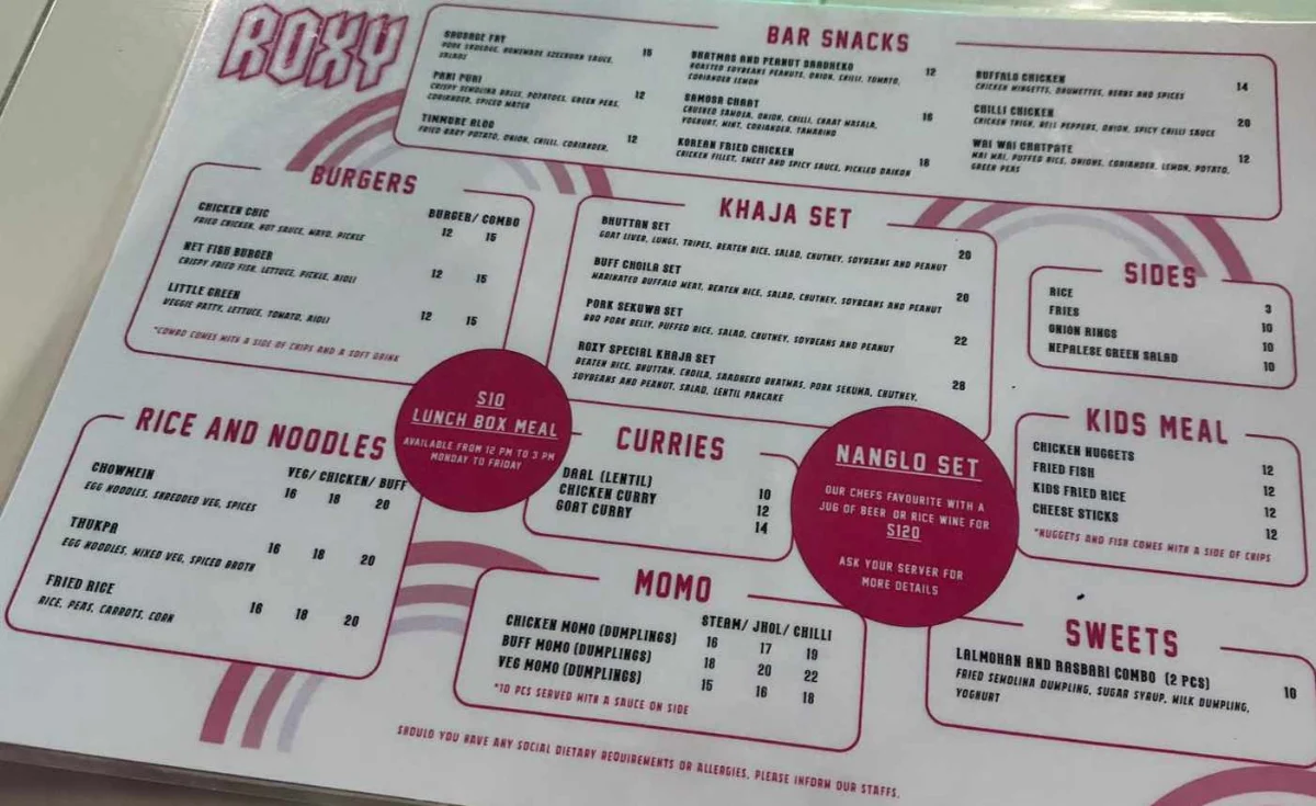 Menu, Roxy Kitchen and Bar