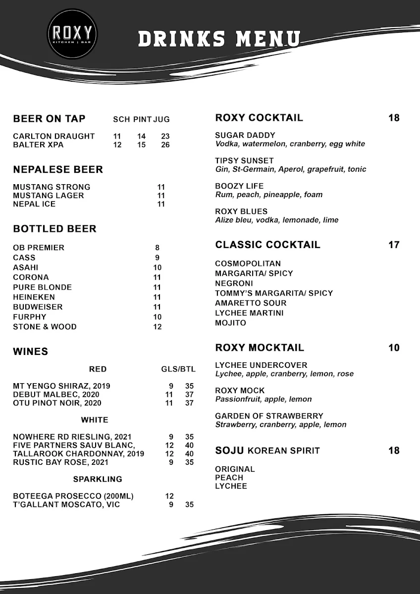 Menu, Roxy Kitchen and Bar
