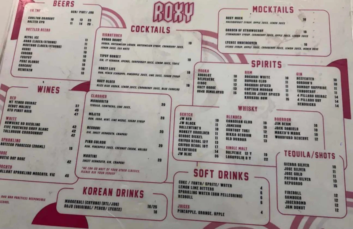 Menu, Roxy Kitchen and Bar