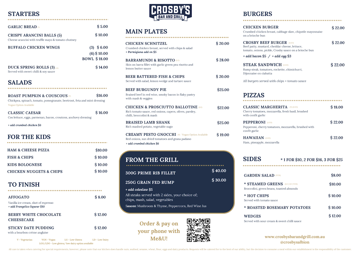 Menu, Crosby's Bar & Grill