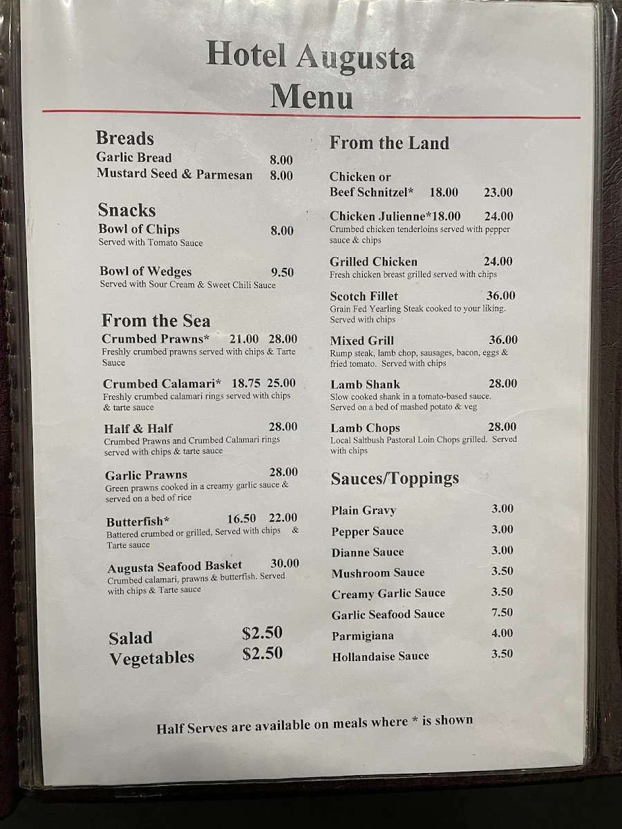 Menu, Hotel Augusta Port Augusta