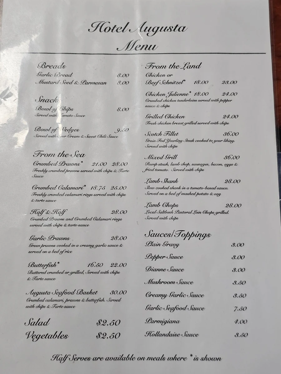 Menu, Hotel Augusta Port Augusta