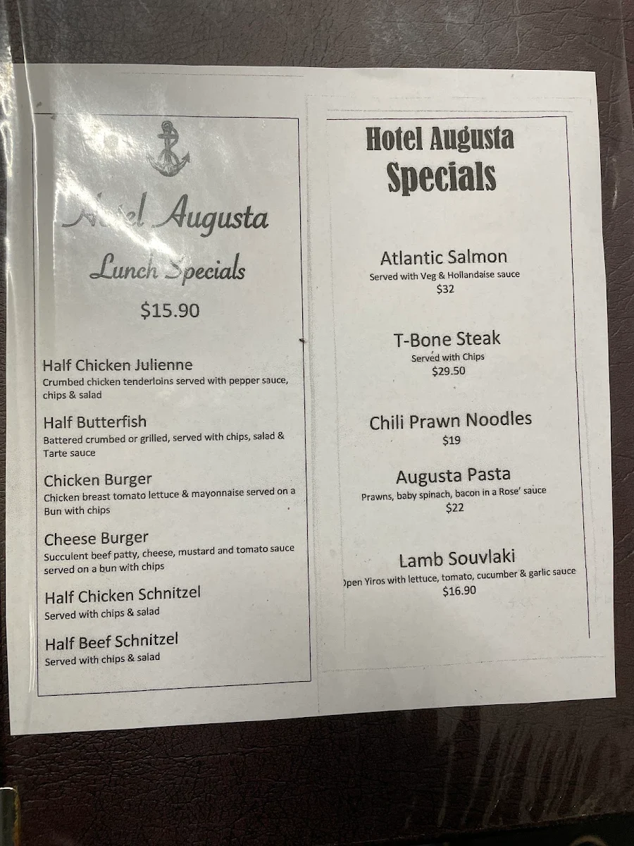 Menu, Hotel Augusta Port Augusta