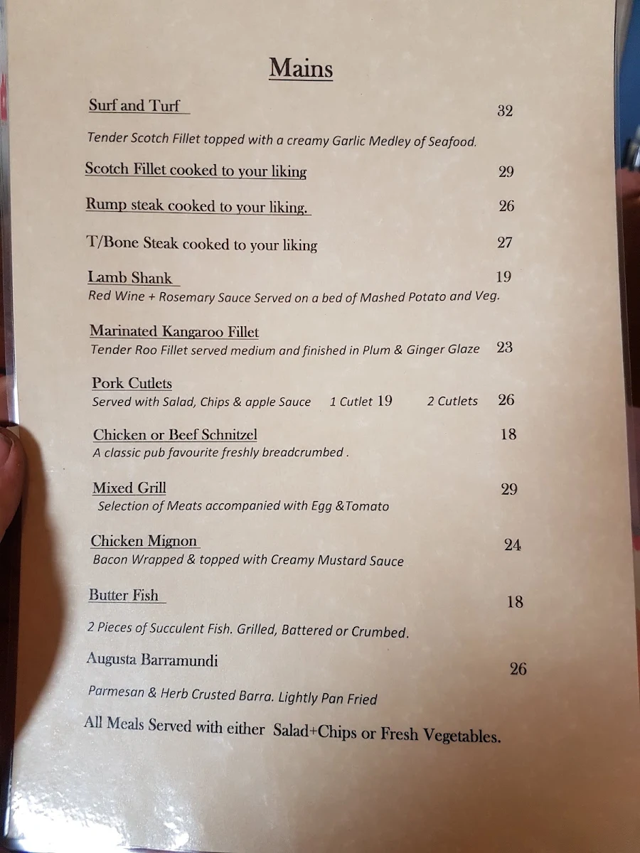 Menu, Hotel Augusta Port Augusta