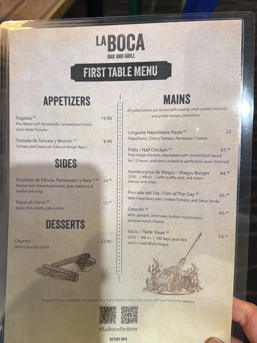 Menu, La Boca Bar and Grill Sydney