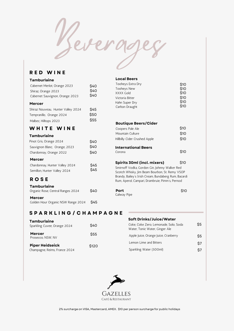 Menu, Gazelles Café and Restaurant